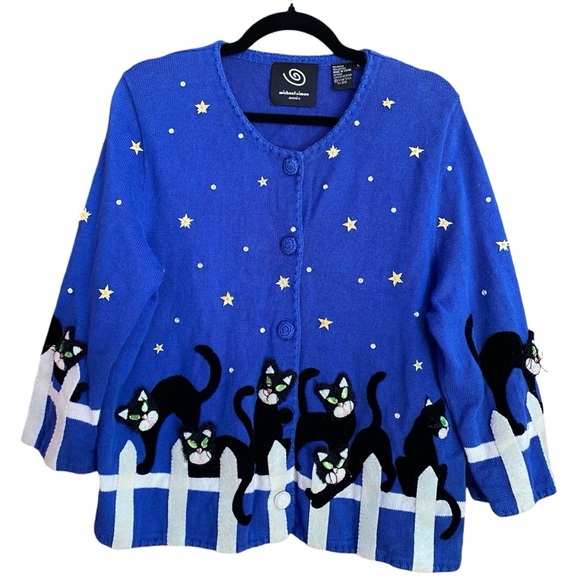 Vintage Sweaters - Y2K Michael Simon Sweater Black Cat On Fence Starry Night Size Large